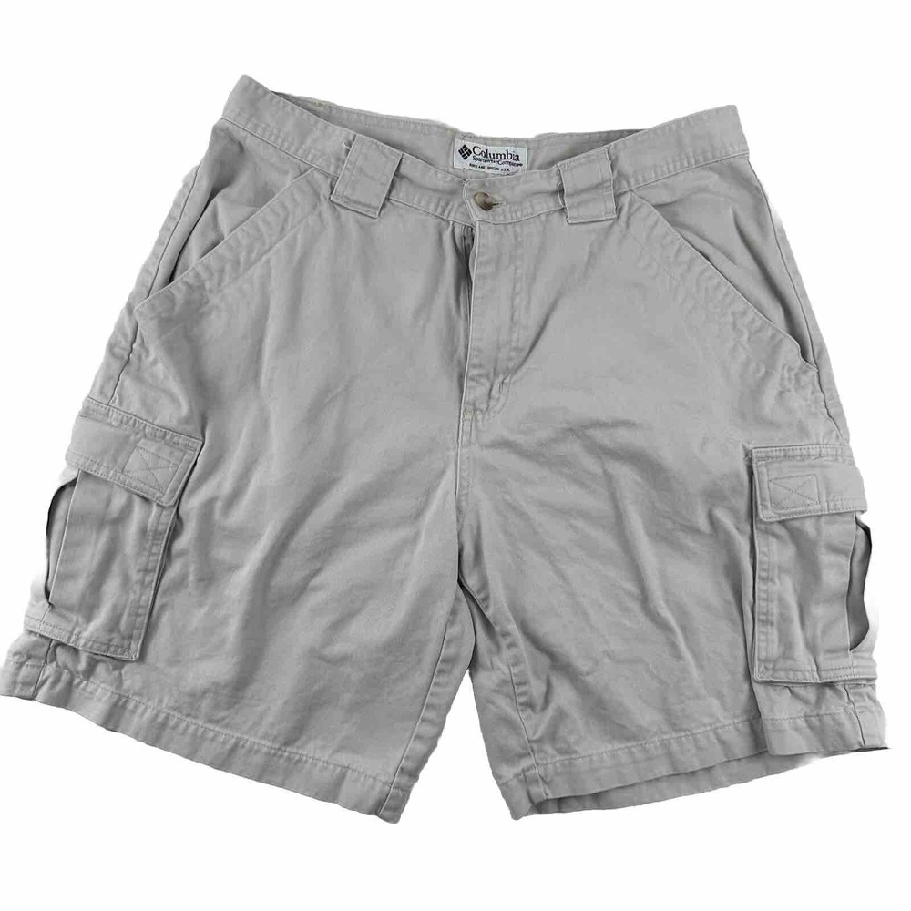VTG Columbia Cargo Shorts Men 31 Cream Tan Cotton 9" Inseam Hiking Tag 34